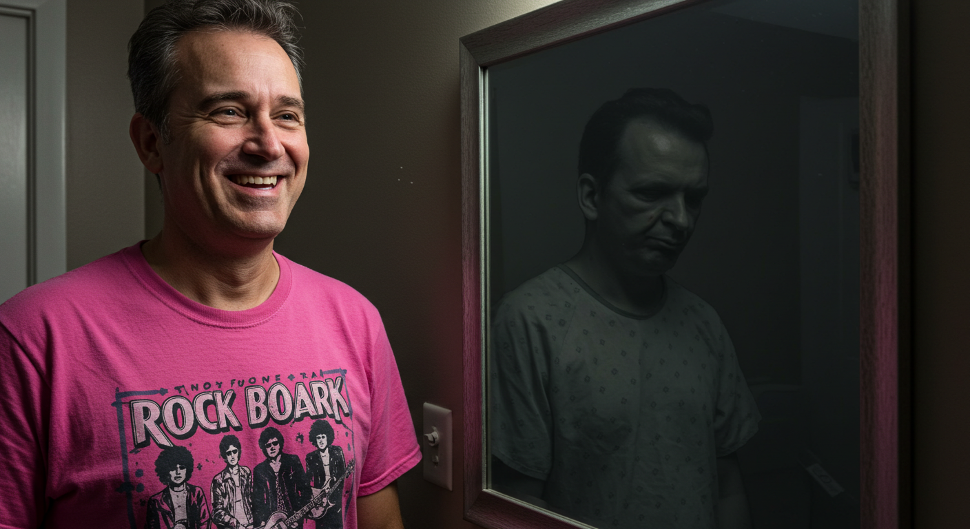 Image_fx (61) A cheerful man wearing pink smiling but his reflection looks sad and gloomy