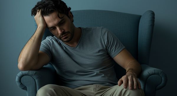A sad man on a chair