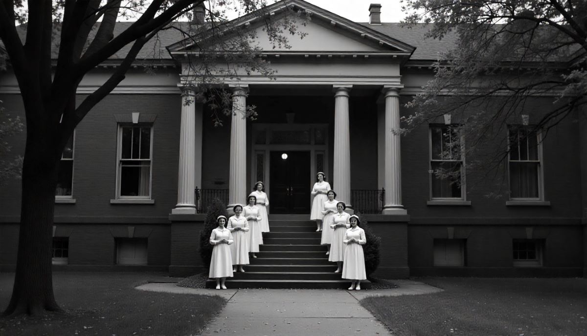 freepik__the-style-is-candid-image-photography-with-natural__47220 A group of nurses in long white uniforms stand on the front steps.